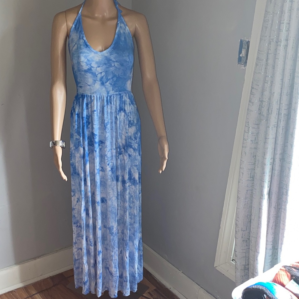 Blue Tie-Dye Halter Maxi Dress